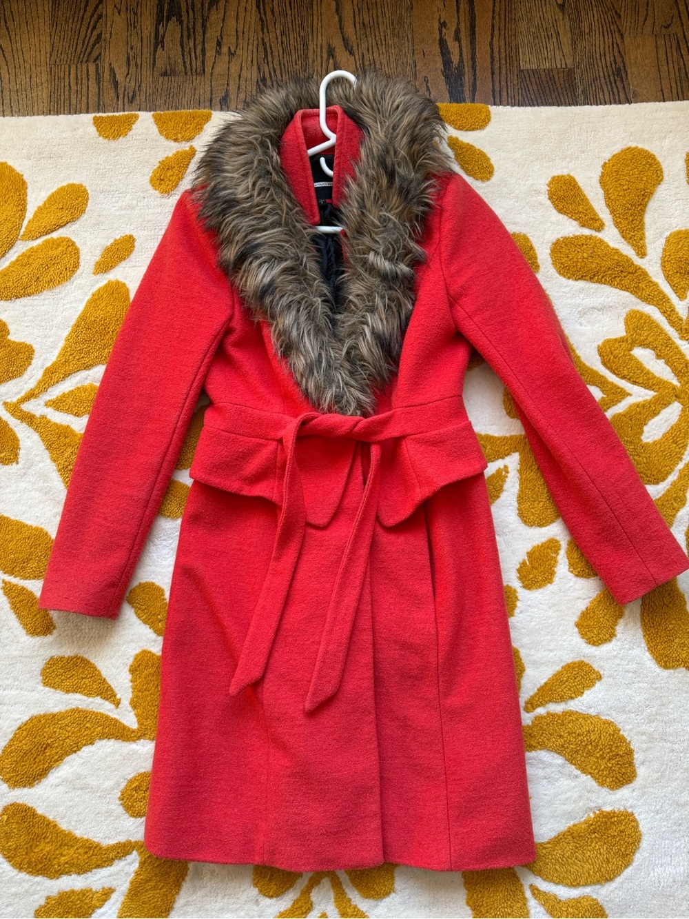 Anthropologie Red Faux-Fur Collar Wrap Trench Coat with Belt